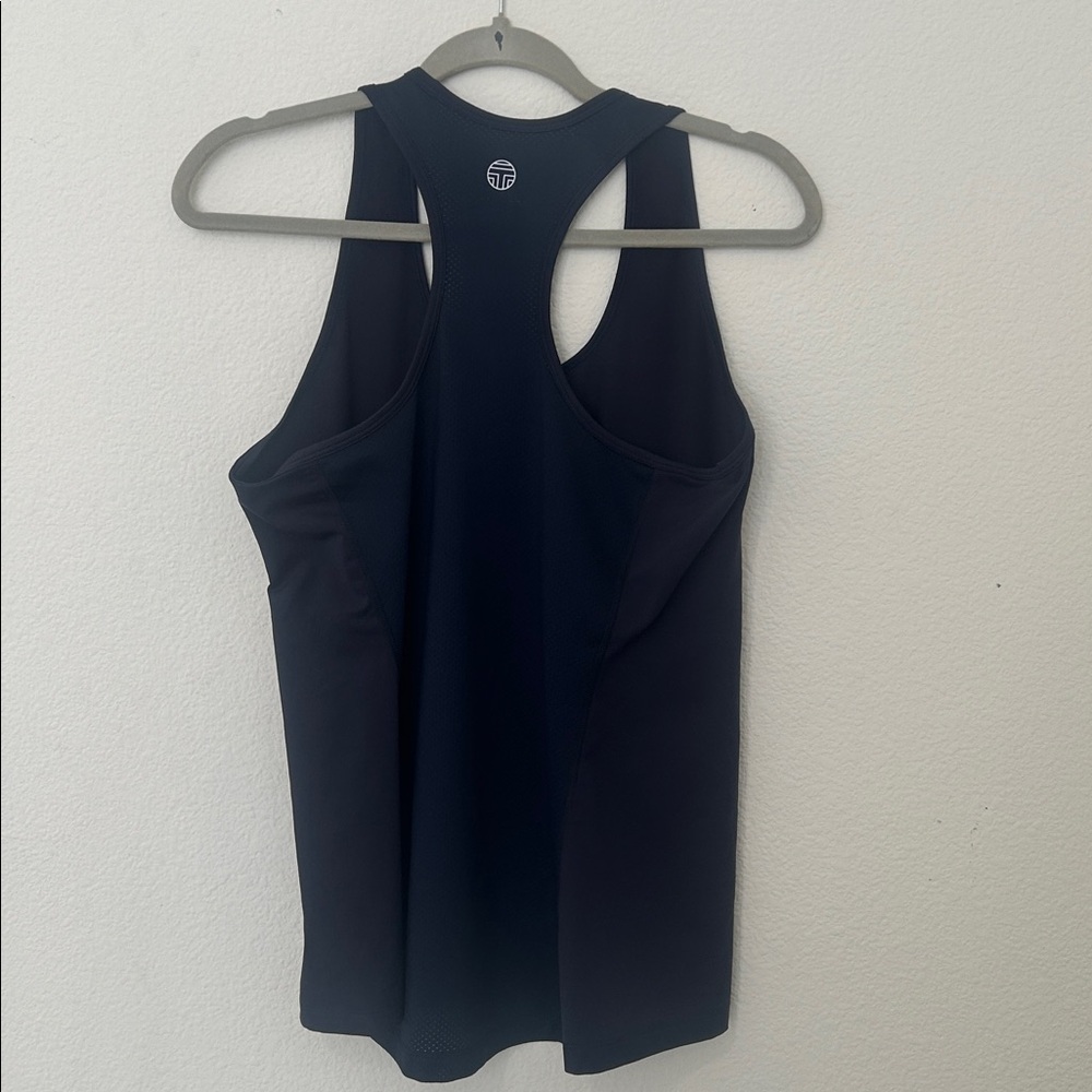 Tory Burch Navy Blue Racerback Tank with Red, Pink & White Logo Stripes - Picture 4 of 5